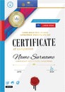 Official certificate with badge, red ribbon and wafer. Bright red violet abstract design elements on white background. Vector educ Royalty Free Stock Photo