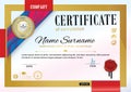 Official certificate with badge, red ribbon and wafer. Bright red violet abstract design elements on white background. Gold border Royalty Free Stock Photo