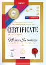 Official certificate with badge, red ribbon and wafer. Bright red violet abstract design elements on white background. Gold border Royalty Free Stock Photo