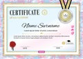 Official certificate with badge and wafer. Vector template. Blue pink border, gold design elements. Official blank. Business elega