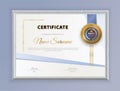 Official certificate with emblem, blue ribbon hanging on wall. Business modern design blank in grey border