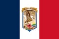 The official current flag and coat of arms of Collectivity of Saint Martin. State flag of Saint Martin. Illustration