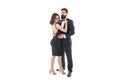 Official dress code. Woman elegant lady and bearded gentleman black tuxedo with bow tie. Formal event. Dress code rules Royalty Free Stock Photo