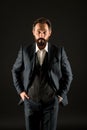 Official event. Old fashioned. Classics eternal value. Bearded man with formal look. Businessman black background Royalty Free Stock Photo