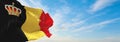 official flag of Belgium with crown , Belgium at cloudy sky background on sunset, panoramic view. Belgian travel and patriot