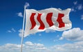 official flag of Four Freedoms or United Nations Honour. USA at cloudy sky background on sunset, panoramic view. US patriot