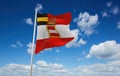 official flag of Habsburg Admiral\'s 1853 Austria at cloudy sky background on sunset, panoramic view. Austrian travel and