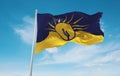 official flag of Mesa, Arizona untied states of America at cloudy sky background on sunset, panoramic view. USA travel and patriot Royalty Free Stock Photo