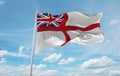 official flag of Naval Ensign of the United Kingdom New Zealand at cloudy sky background on sunset, panoramic view. New Zealand