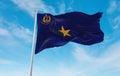 official flag of Navy laksamana pertama Indonesia at cloudy sky background on sunset, panoramic view. Indonesian travel and