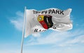 official flag of Tinley Park, Illinois untied states of America at cloudy sky background on sunset, panoramic view. USA travel and Royalty Free Stock Photo
