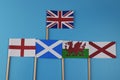 A official flag of United kingdom and flags of her members. Scotland, England, Wales, nothern Ireland Royalty Free Stock Photo