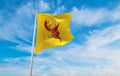 official flag of War standard of the King Thongchai Phra Khrut Phah Noi Thailand at cloudy sky background on sunset, panoramic Royalty Free Stock Photo