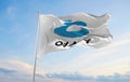 official flag of Yeosu city, South Korea at cloudy sky backgroun