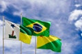 Official flags of the country Brazil, state of Acre and city of Feijo. Swaying in the wind under the blue sky. 3d rendering