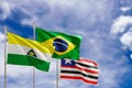 Official flags of the country Brazil, state of Maranhao and city of Imperatriz. Swaying in the wind under the blue sky. 3d