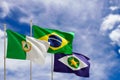 Official flags of the country Brazil, state of Mato Grosso and city of Cuiaba. Swaying in the wind under the blue sky. 3d