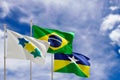 Official flags of the country Brazil, state of Rondonia and city of Ji-Parana. Swaying in the wind under the blue sky. 3d