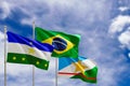 Official flags of the country Brazil, state of Roraima and city of Rorainopolis. Swaying in the wind under the blue sky. 3d