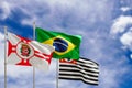 Official flags of the country Brazil, state of Sao Paulo and city of Sao Paulo. Swaying in the wind under the blue sky. 3d