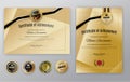 Official gold certificate with gold design elements. emblem, black text. Luxury background