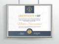 Official grey vector certificate with dark blue beige design elements and realistic grey border hanging on the wall
