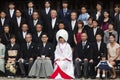 Official group photography ceremony of groom and bride,family and guests attending traditional japanese wedding at Meiji