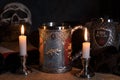 Official House Stark tankard from Game of Thrones series lit by candlelight