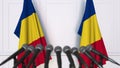 Romanian official press conference with flags of Romania. 3D rendering Royalty Free Stock Photo