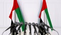 Official press conference. Flags of the United Arab Emirates UAE and microphones. Conceptual 3D rendering