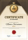 Official retro certificate with red gold design elements. Gold emblem. Vintage modern blank