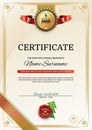 Official retro certificate with red gold design elements. Red ribbon and gold emblem. Vintage modern blank. Christmas