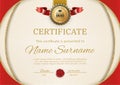 Official retro certificate with red gold design elements. Red ribbon and gold emblem. Vintage modern blank