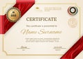 Official retro certificate with red gold design elements. Red ribbon and gold emblem. Vintage modern blank