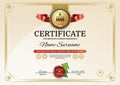 Official retro certificate with red gold design elements. Red ribbon and gold emblem. Vintage modern blank. Christmas
