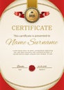 Official retro certificate with red gold design elements. Red ribbon and gold emblem. Vintage modern blank