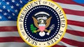 Official Seal of the President of the United States. Happy independence day of the USA. American flag background, 3d rendering.The Royalty Free Stock Photo