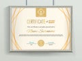 Official vector certificate with beige flat design elements and realistic grey border hanging on the wall. Business