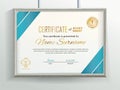 Official vector certificate with blue flat design elements and realistic grey border hanging on the wall. Business clean