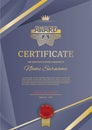 Official vector certificate with dark blue triangle design elements. Gold emblem, gold text