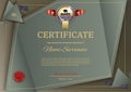 Official vector certificate with dark green, brown triangle design elements. Gold blue emblem with red ribbon, gold text