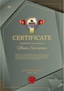 Official vector certificate with dark green, brown triangle design elements. Gold blue emblem with red ribbon, gold text