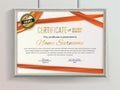 Official vector certificate with red ribbons and realistic grey border hanging on the wall . Business clean modern