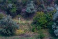 Official warning pole about the border zone of Ukraine with the state emblem on the plate. Background