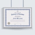 Official white blue certificate with grey realistic border on white wall background. Realistic effect shadow