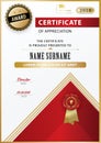 Official white certificate of appreciation award template with gold shapes and black badge