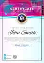 Official white certificate with pink blue triangles and education design elements, graduatioin cap, cup. Clean modern Royalty Free Stock Photo