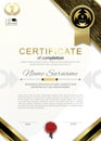Official white certificate with gold black emblem, gold design elements, red wafer Official blank