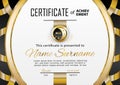 Official white certificate with gold line, black border. Business clean modern design. Moon shape in gold emblem