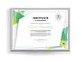 Official white certificate with green triangle design elements with realistic grey border. Business clean modern design Royalty Free Stock Photo